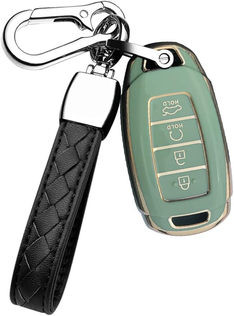 HIBEYO Key Fob Cover for 2018 2019 2020 2021 2022 Hyundai Santa Fe Venue Kona Veloster Palisade Elantra GT Accessories with Keychians Key Case Shell Soft TPU 4 Button-White