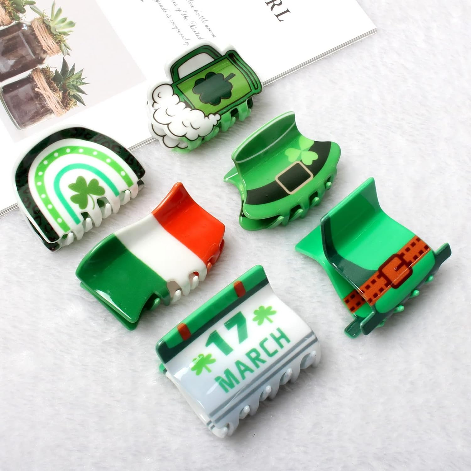 6PK Irish Day Hair Accessories for Girls Green Claw Clips for Women Cute St Patrick&rsquo;S Day Hair Clip Green Hat Hair Claws (Color A) image number 5