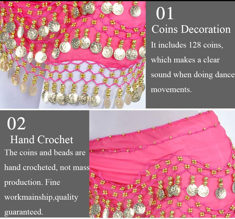 Lauthen.S 128 Coins Belly Dance Hip Scarf Tribal Belt Halloween Genie Costume Accessory - Hot Pink image number 3