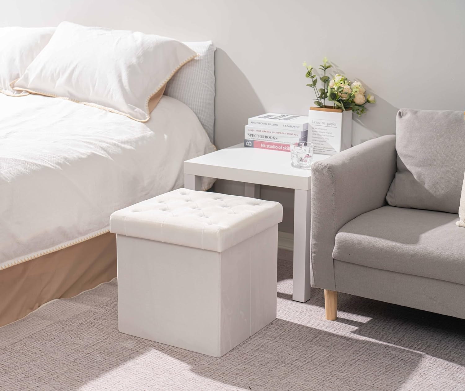 PINPLUS Storage Ottoman Foot Rest Stool, 15.75 Inches Velvet Sherpa Folding Storage Bench Cube Foot Rest Ottoman White Color image number 2