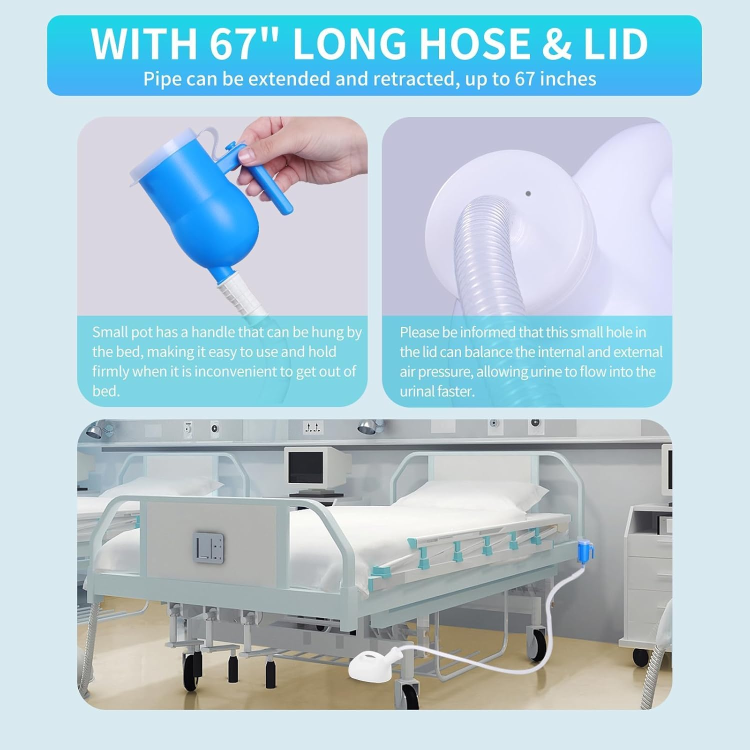 Portable Urinals for Men Spill Proof 2000Ml/0.53 GAL with 60" Long Hose and Lid, Men Urinal Bottle Reusable Male Pee Bottle for Elderly, Hospital, Travel, Camping, White image number 2