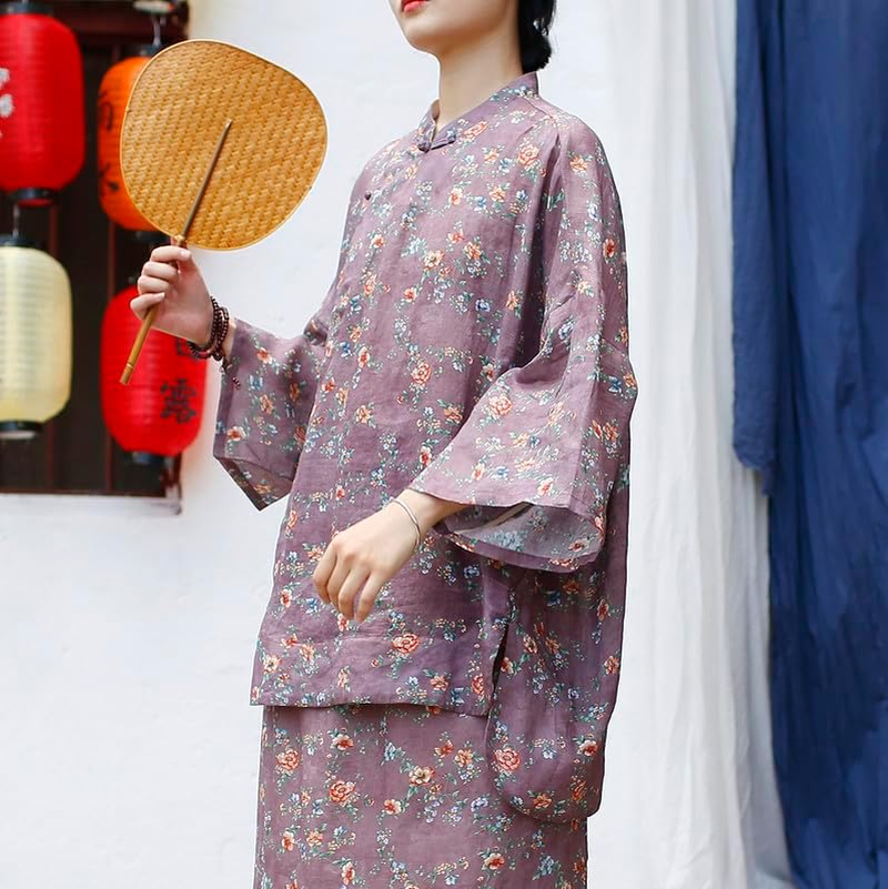 Women'S Vintage Chinese Style Linen Shirt Loose Fit Stand Collar Frog Button Top Blouse