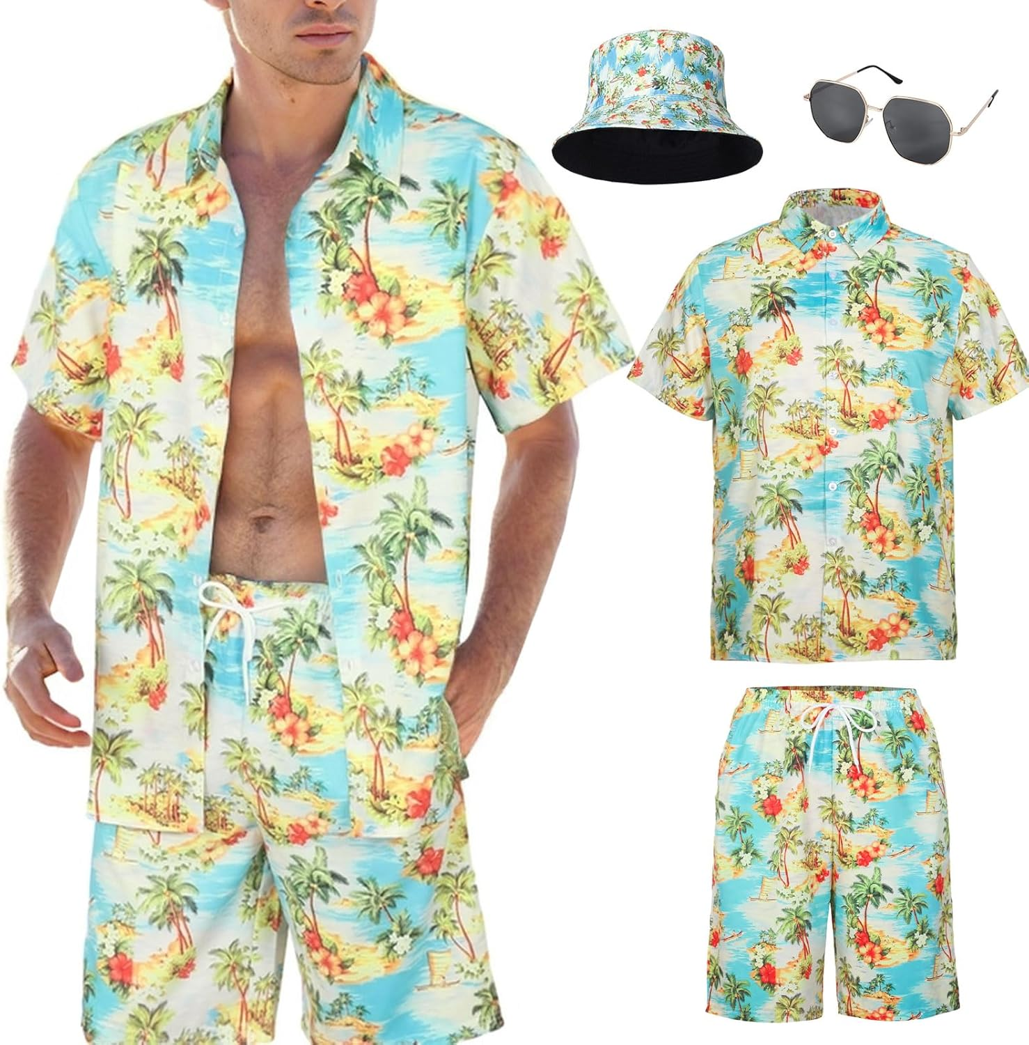 80S 90S Hawaiian Shirt for Men, 80S 90S Costume Set Men for Carnival Summer Party Outfits