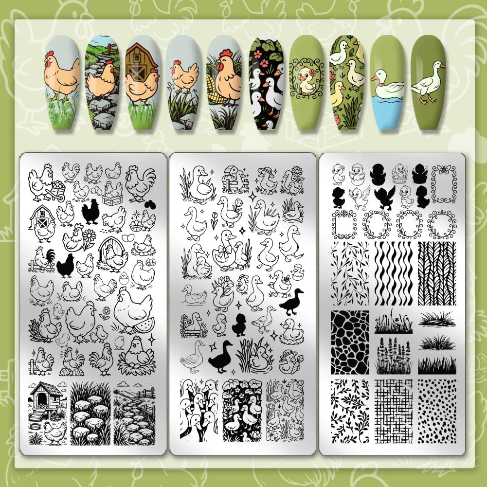 PH Pandahall 3Pcs Farm Theme Nail Stamp Plate Chickens Ducks Pattern Print Art Template Stainless Steel Nail Image Plate Farm Animals Nails Stencils for Women DIY Printing 4.7X2.3 Inch image number 4