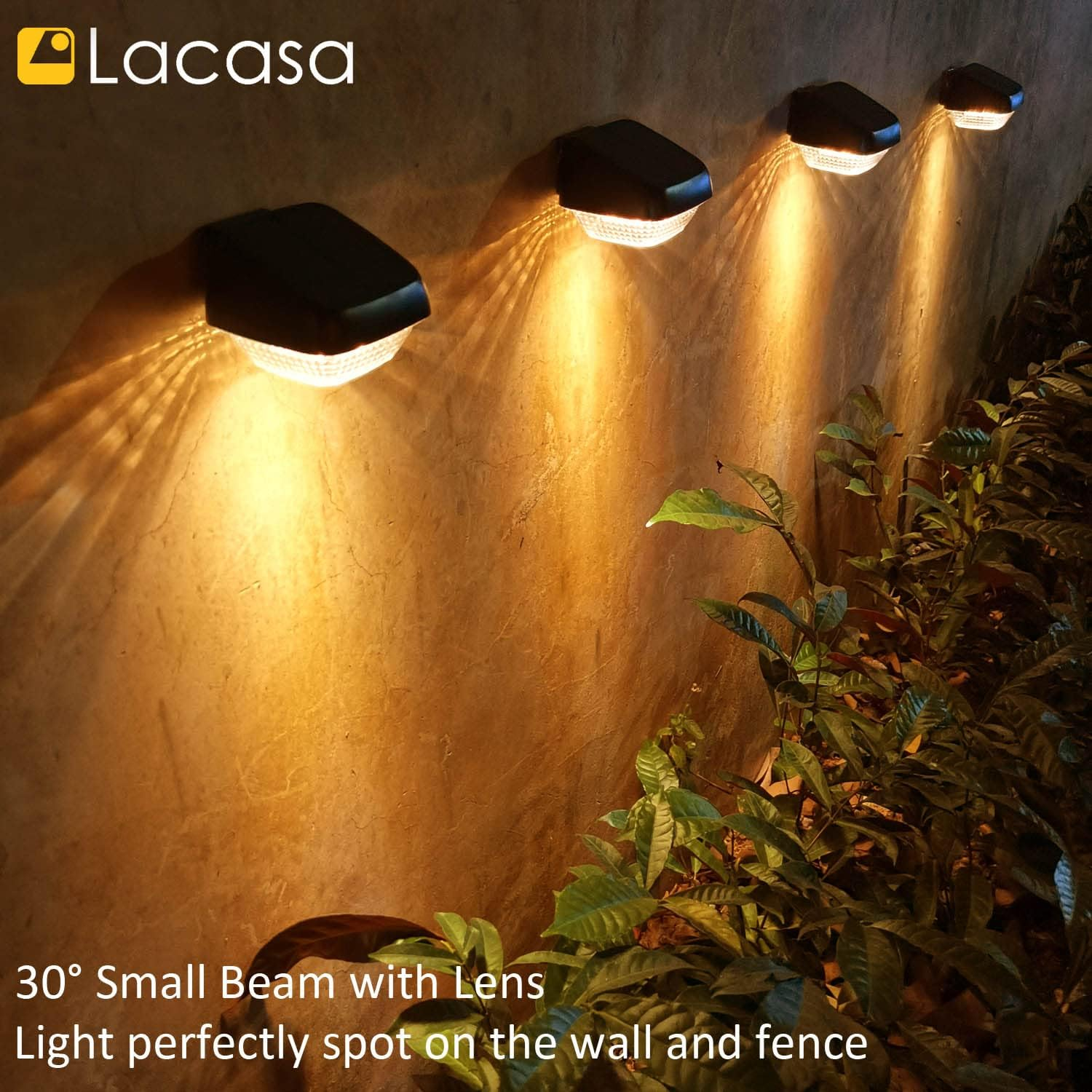 Lacasa Solar Outdoor Lights, 4 Pack Solar Fence Lights Solar Powered Step Lights Warm White 2700K, LED Solar Deck Lights Auto On/Off Waterproof IP65 Solar Wall Lights for Garden Patio Yard Stairs image number 4
