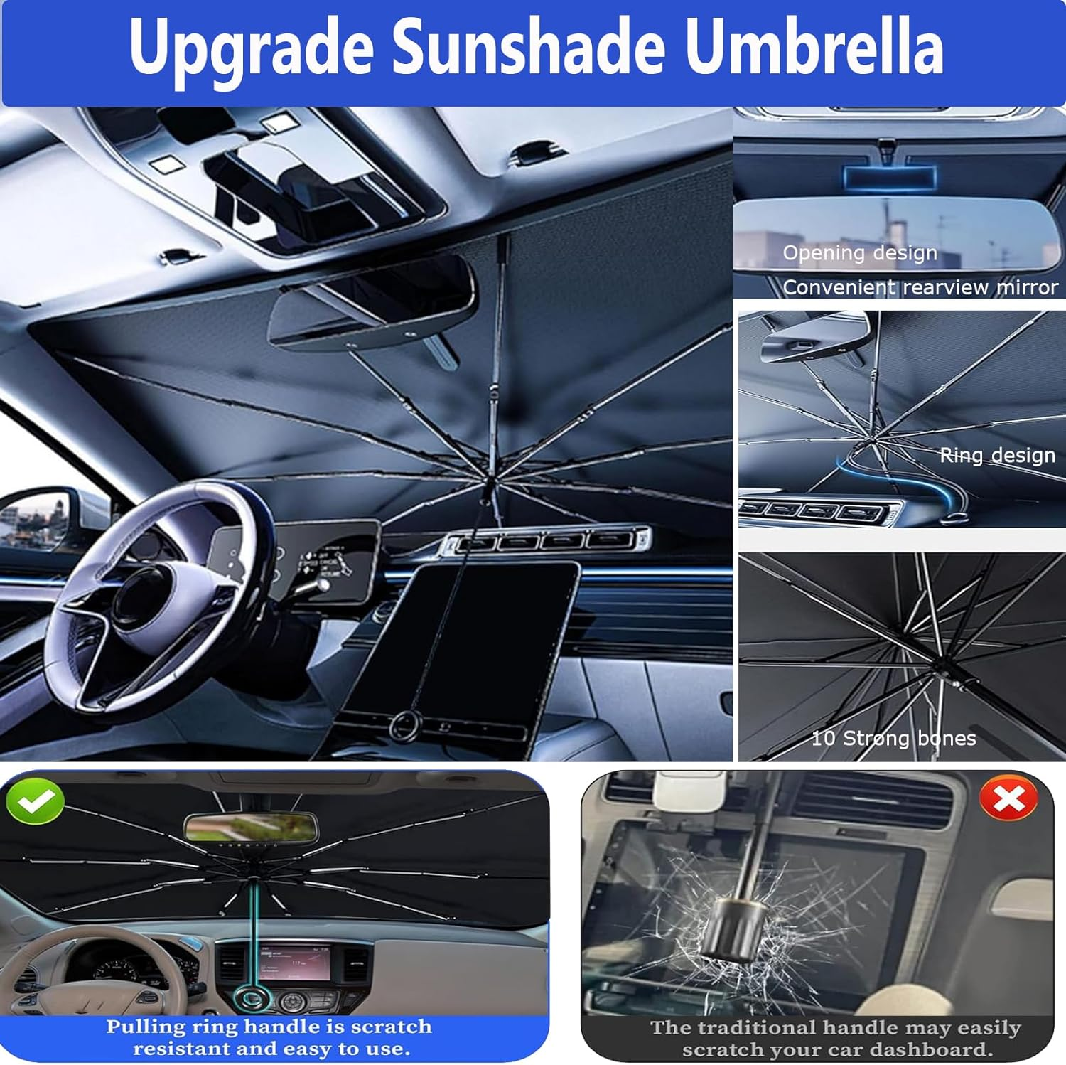Car Windshield Sun Shade Umbrella,Pull Ring Car Sun Shade Front Window Cover,Upgrade Foldable Sunshade Umbrella with Opening Design for UV Ray Block for Most Vehicles 59 X 32Inch Large Size image number 1