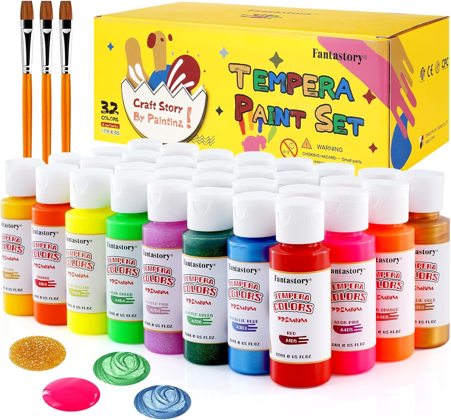 Fantastory Tempera Paint for Kids 32 Colors (2 Oz / 60 Ml Each) Washable Tempera Paint, Poster Paint Sponge Painting, Non-Toxic Kids Paint Finger Paints Hand Paints Bottles Early Learning image number 4