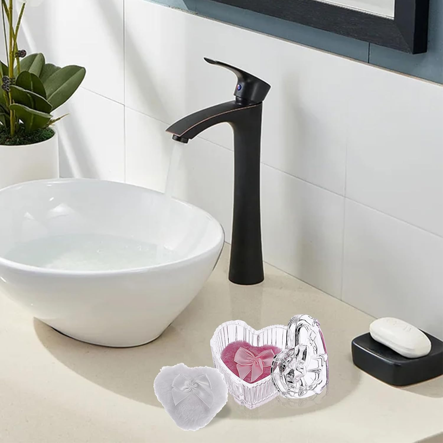 OGA Body Powder Container with Tassel Baby Powder Tin Transparent Heart Glass Box with 2 Body Powder Puff Empty Body Powder Box for Loose Powder, Talcum Powder Women Girls Birthday image number 1