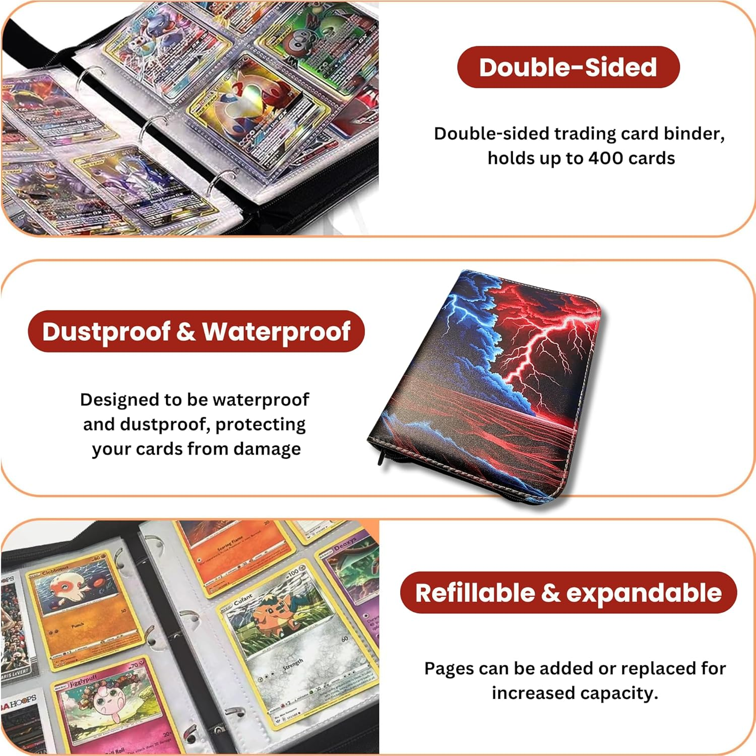 Trading Card Album, 400 Pockets Card Binder with 4-Pocket Sleeves for TCG, Yu-Gi-Oh, Magic the Gathering, and Sports Cards, Durable Card Holder for Collectors (Lighting, 4-Pocket) image number 5