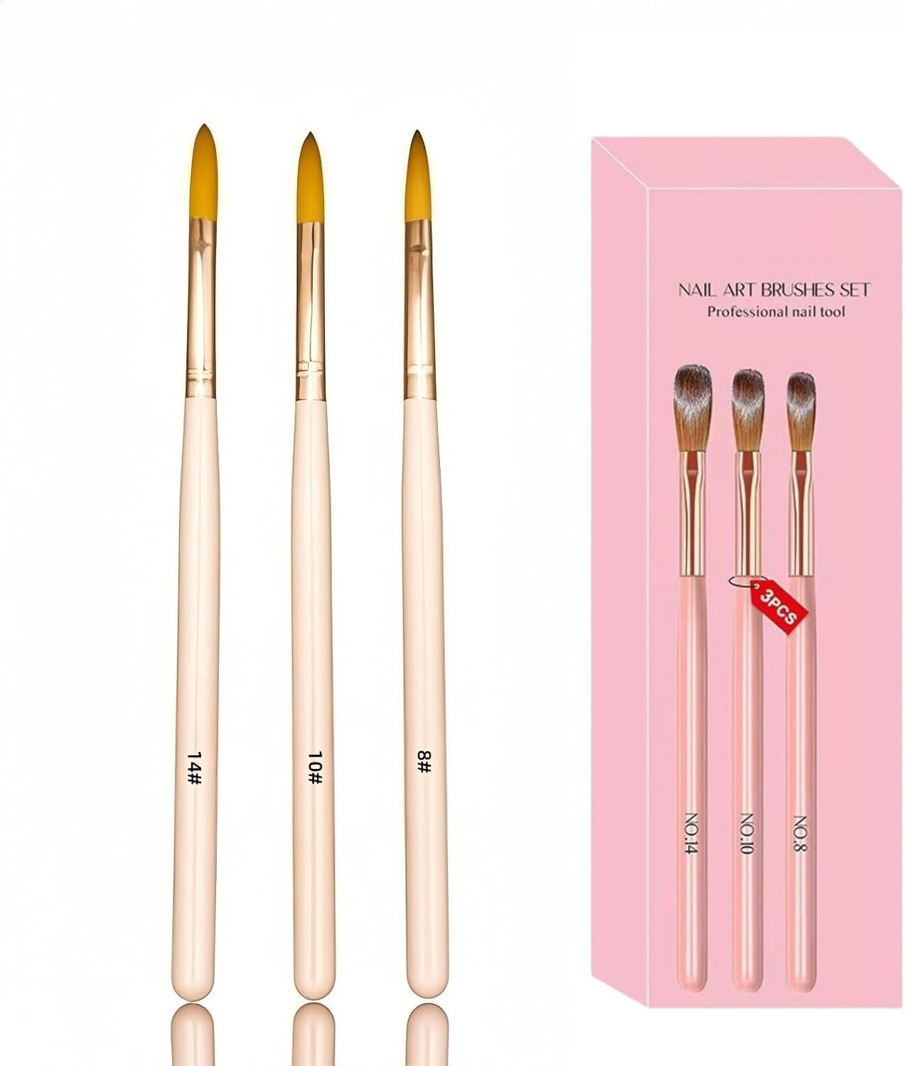 3Pcs Acrylic Nail Brush Set - Sizes (8/10/14) Acrylic Brushes for Nails Art, Acrylics Powder Nails Art Extension Brushes with Pink Sturdy Handle Manicure Tools Extension Carving for Home Salon ﻿