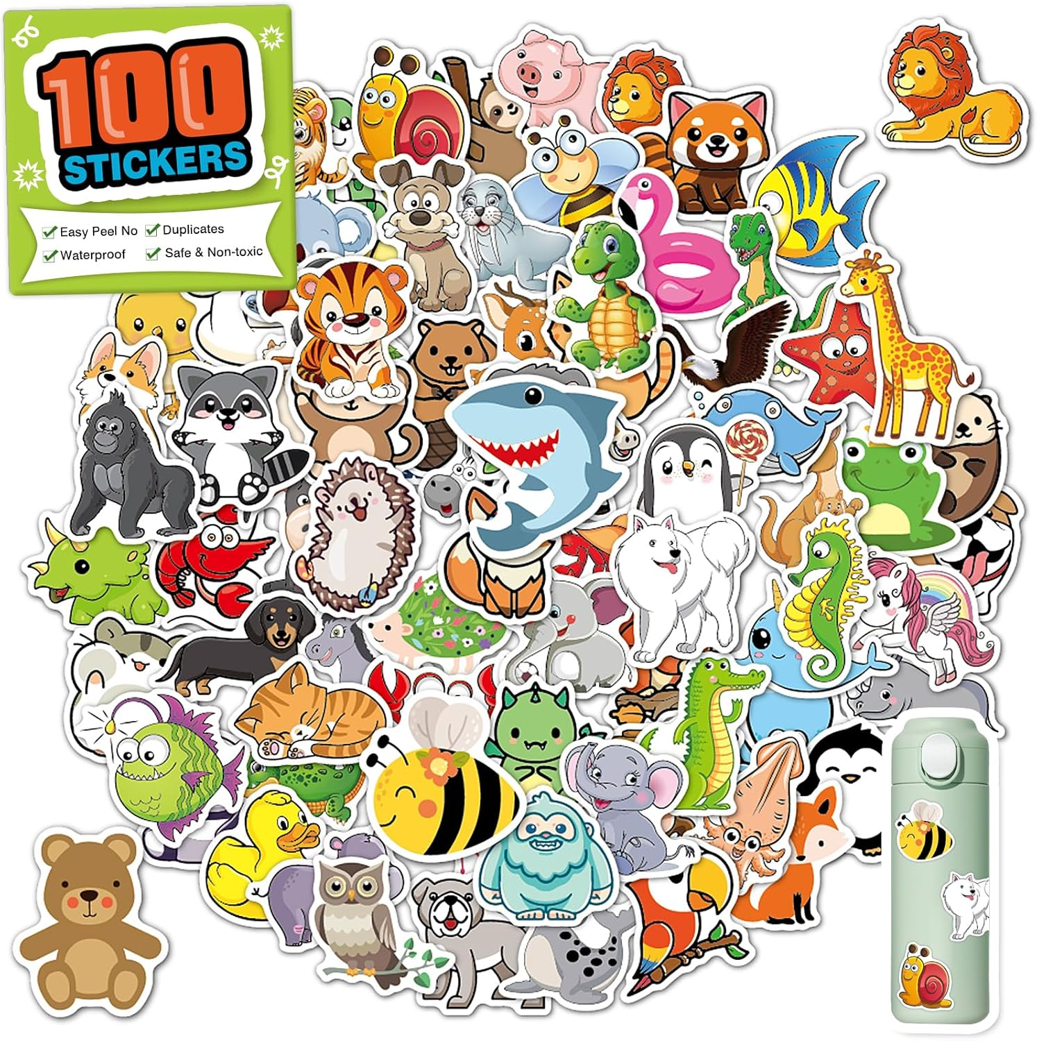 100PCS Cute Animal Stickers for Kids | Waterproof Cartoon Stickers for Water Bottles,Phone, Laptops, Skateboards | Sticker Aesthetic Packs for Girls Teens image number 6