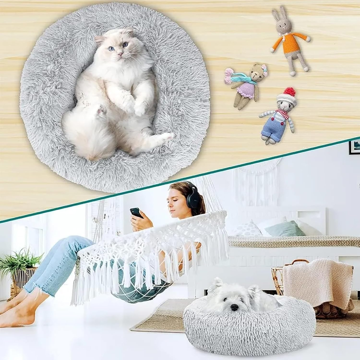 80Cm Medium Calming Dog Bed, Anti-Anxiety Donut Cuddler Cat Bed with Anti-Slip Bottom, Washable round Fluffy Pet Bed for Medium Large Dog & Cat, Light Grey image number 4