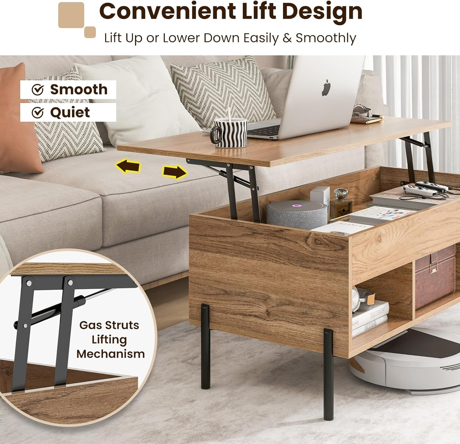 Giantex Lift Top Coffee Table, Rising Center Table with Large Hidden Compartment, Lifting Tabletop and 3 Open Cubbies, Cocktail Snack Table with Large Storage, Modern Living Room Table, Natural image number 3