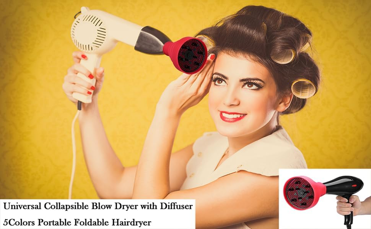 Sluffs Universal Collapsible Blow Dryer with Diffuser,5Colors Portable Foldable Hairdryer Hair Blower Diffuser Cover Styling Hairdressing Tool for Travel(Red)