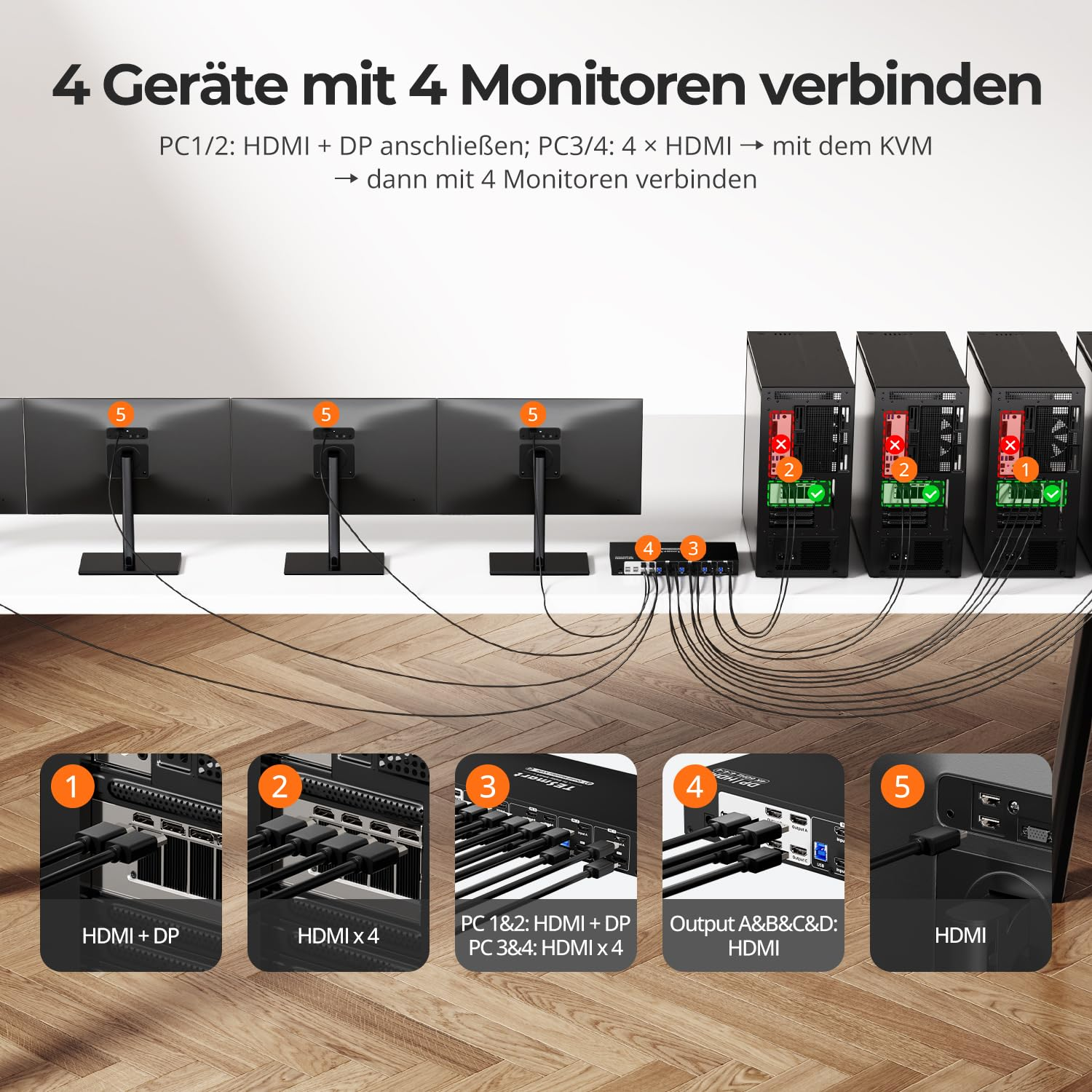 Tesmart KVM Switch 4 Monitors 4 Computers HDMI+DP 4K@60Hz, MST KVM Docking Station for Quad Monitor,Usb 3.0 | Audio&Microphone | EDID Emulators, Hotkey Switch, Rack-Ears, with Input Cables image number 5