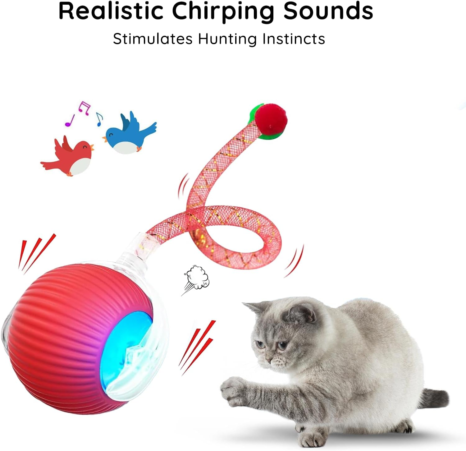 Smart Cat Toy Ball with Feather & Bird Sound, Silicone Interactive Rolling Ball for Indoor Cats, Motion-Activated, Obstacle Avoidance, Quiet Motor, Rechargeable 300Mah Battery (Red) image number 3