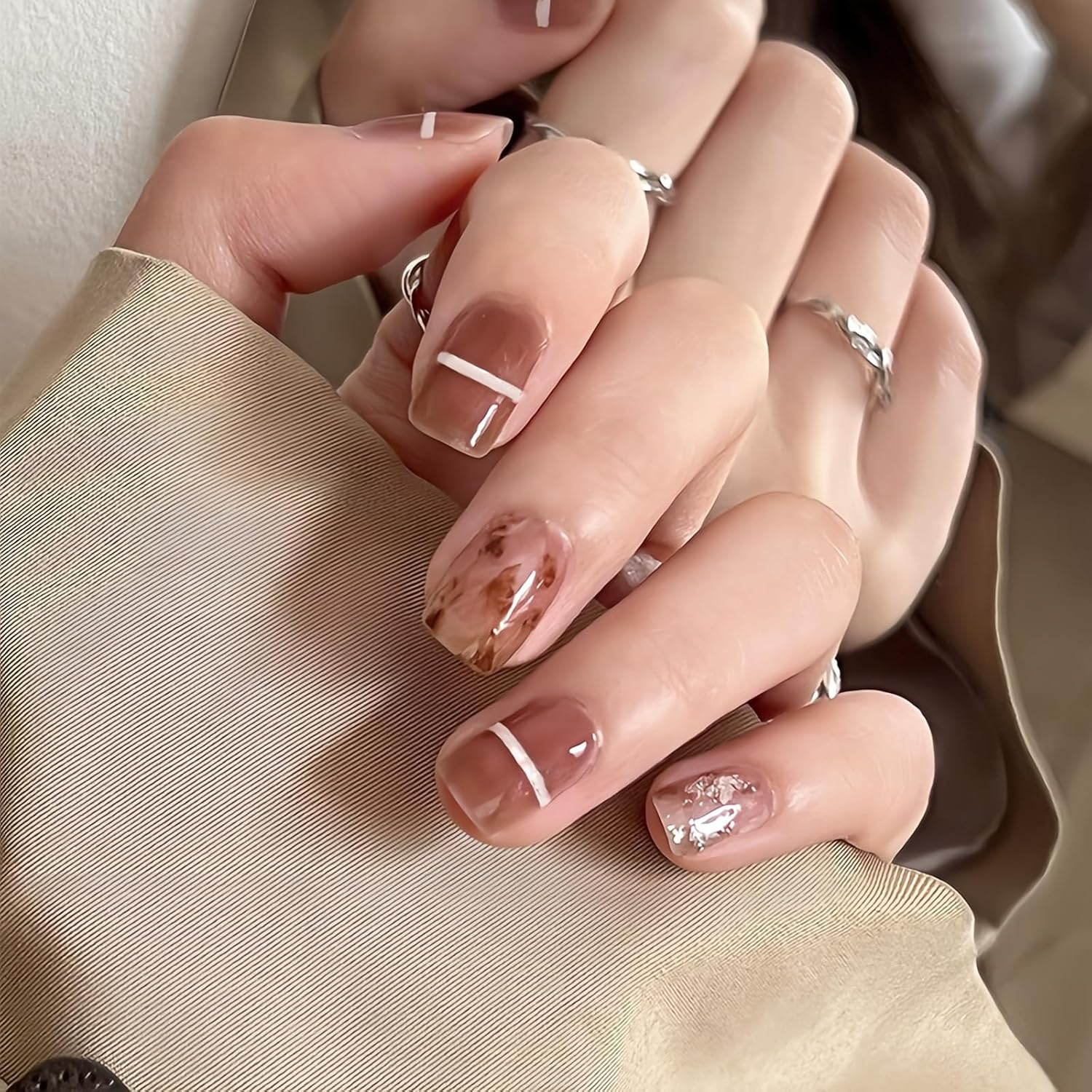 Press on Nails, 24Pcs Short Stick on Nails, Reusable Fake Nails, Full Cover Nails with Nail Tools, Manicure Art Decorations for Women Girls (13399, Short)