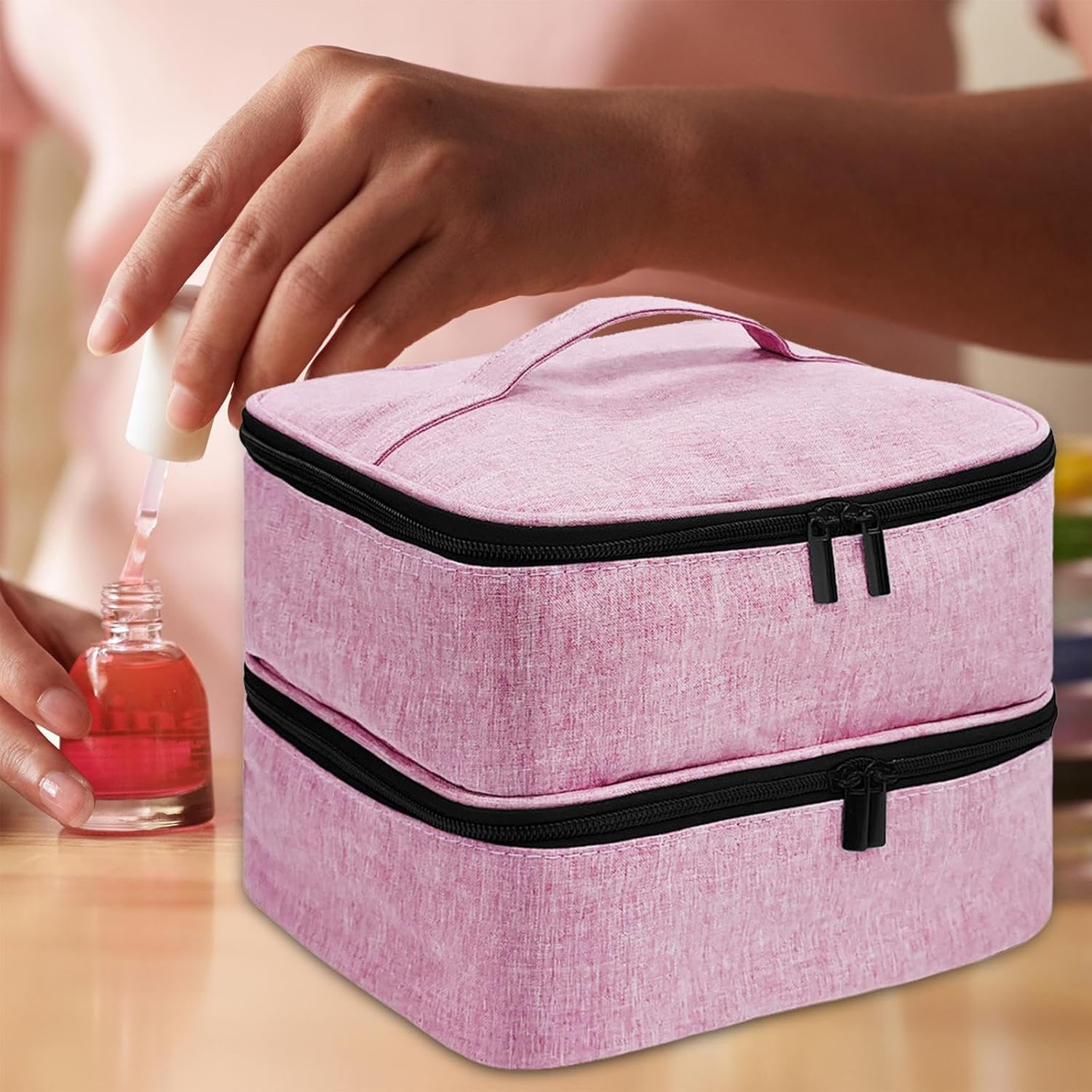 Eigell Carrying Tote Bag,Storage Bag Travel Nail Polish Organizer Case Zipper Pocket for Makeup,Nail Lamp,Nail Polish Kits,Gel Nails, Pink image number 5
