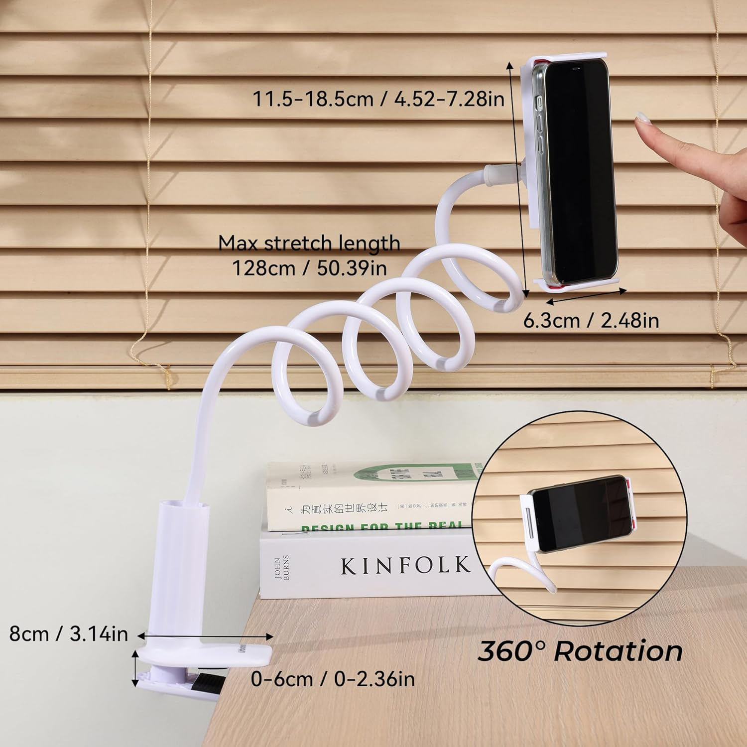 Gooseneck Phone Holder for Bed & Desk, Flexible Long Arm 360 Adjustable Clamp Clip Mount for Iphone Kindle Androids, Overhead Bedside Phone Stand, Ideal for Reading & Filming (White) image number 5