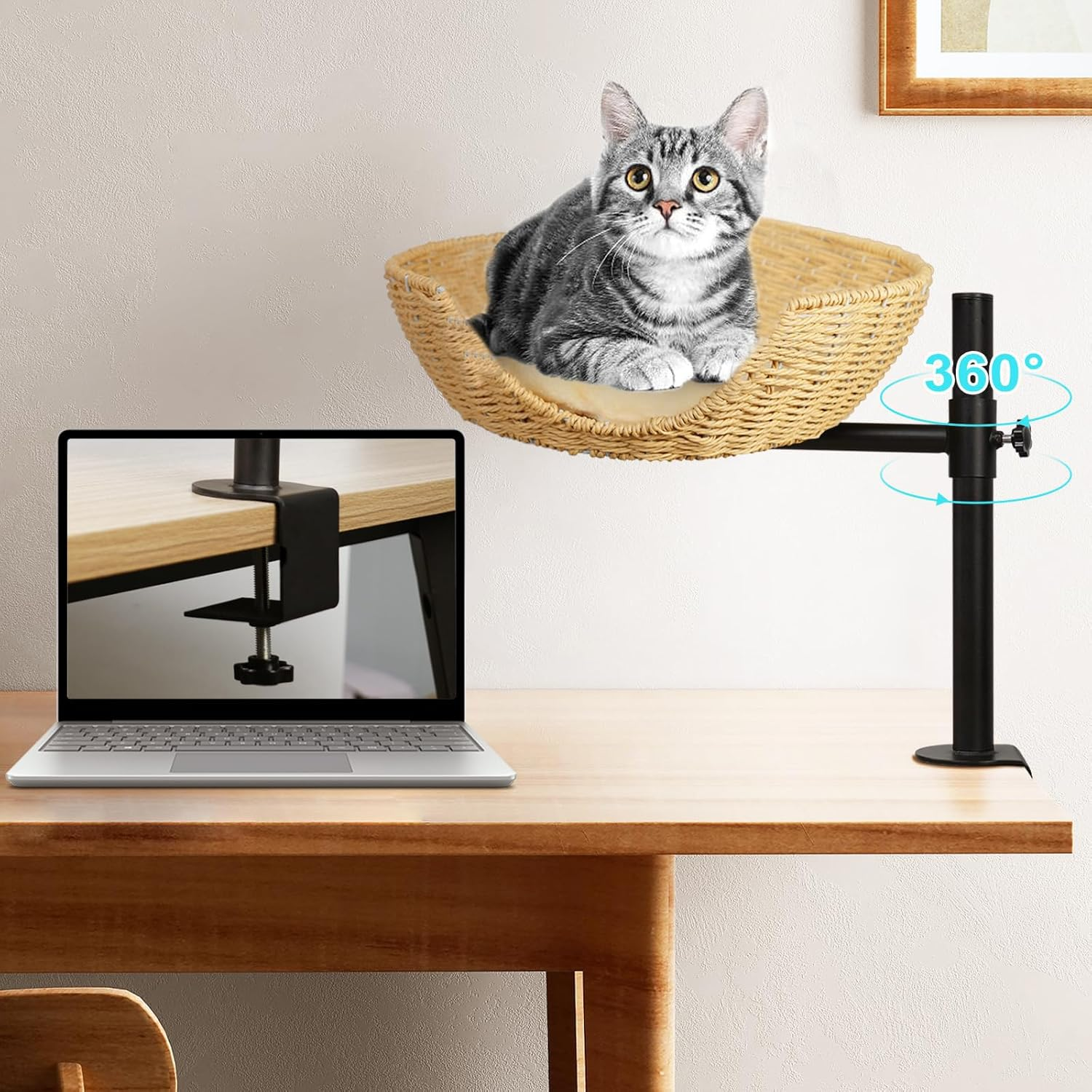 Cat Desk Bed,360&deg;Rotating & Adjustable Desk Cat Bed, Steel Frame,Cat Bed for Desk with Paper Rope Material,Cat B Ed Desk,With Pet Mat C at Beds for Indoor C ATS for Office Desks, Game Tables image number 4