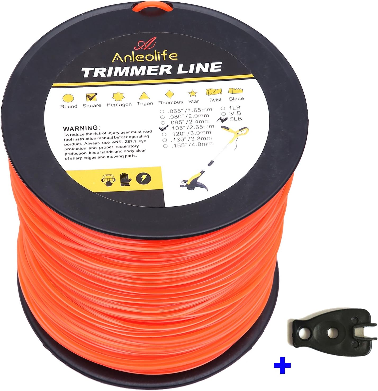 Anleolife 5-Pound Commercial Square .105-Inch-By-1038-Ft String Trimmer Line in Spool,With Bonus Line Cutter, Orange image number 5