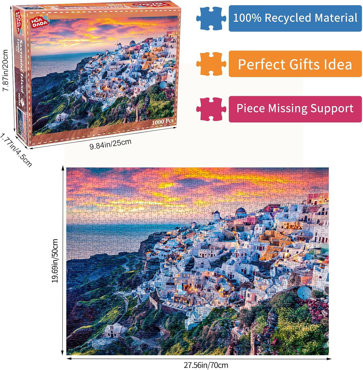 HUADADA Jigsaw Puzzles for Adults 1000 Pieces, Puzzles for Adults 1000 Piece, Challenging Game Toys, Impossible Puzzle, Family Decoration Puzzle - Santorini Island image number 5