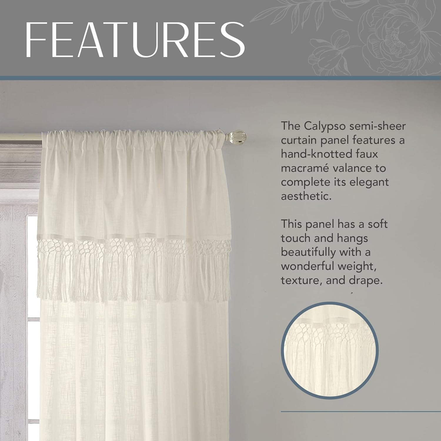 Elrene Home Fashions Calypso Macram&eacute; Tassel Semi Sheer Window Curtain Panel, 52" X 95", Ivory image number 1