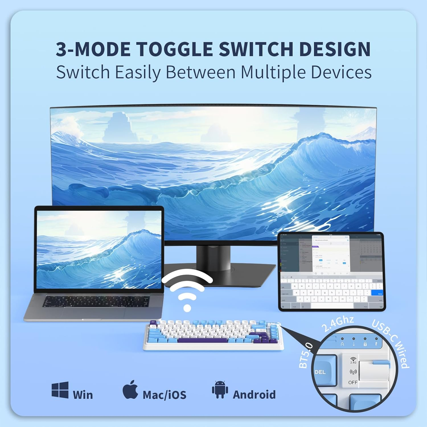 KZZI K75 Lite 75% Gasket Wireless Mechanical Keyboard, RGB Gaming Keyboard W/ 3-Mode Knob BT 5.0/2.4G/USB-C Wired, Hot Swappable, PBT Keycaps, 5-Layer Padding & Creamy Pre-Lubed Custom Linear Switches image number 3