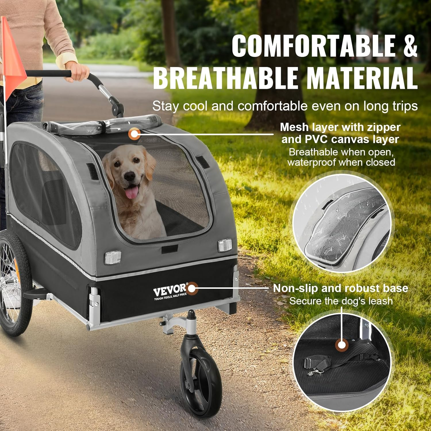 VEVOR Dog Bike Trailer, Supports up to 66/88/100 Lbs, 2-In-1 Pet Stroller Cart Bicycle Carrier, Easy Folding Cart Frame with Quick Release Wheels, Universal Bicycle Coupler, Reflectors, Flag image number 6