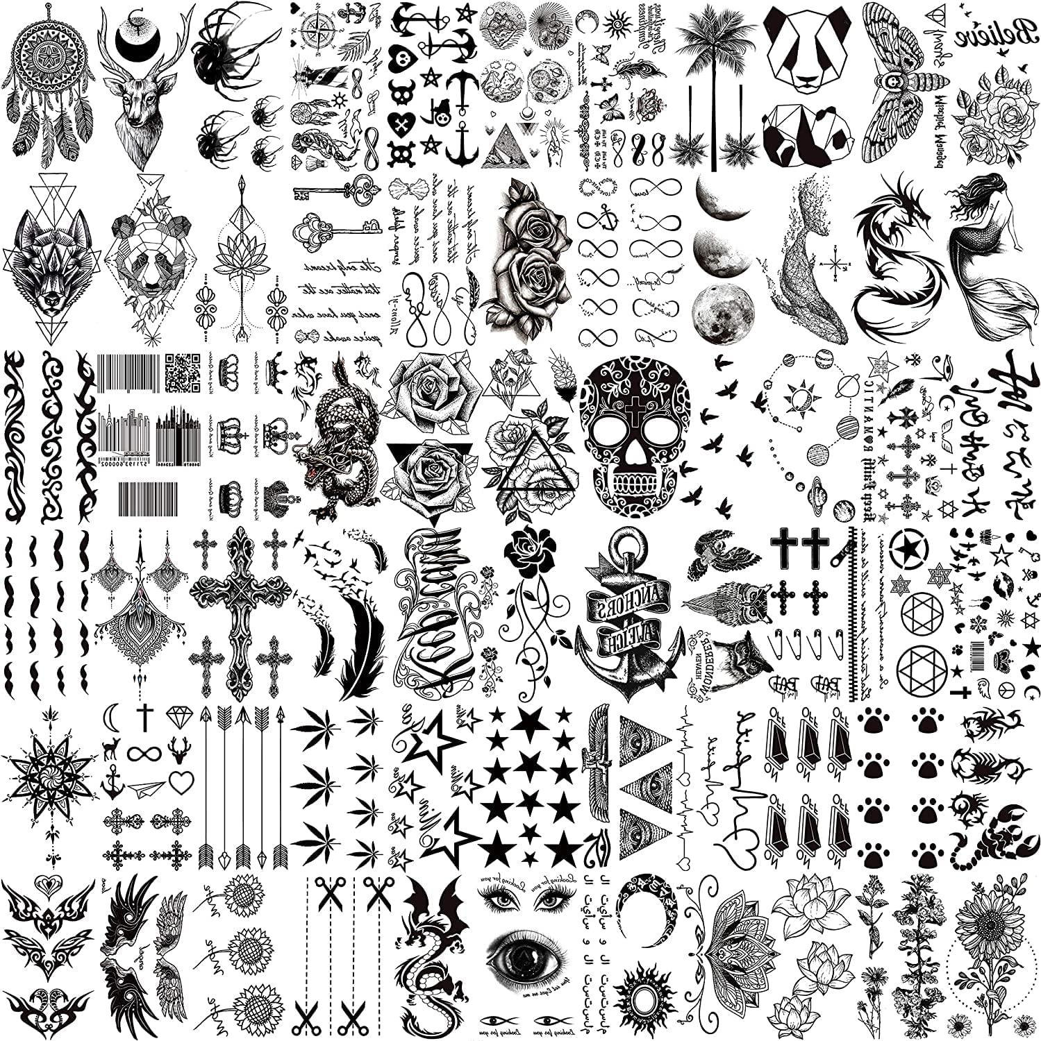 6 Sheets 3D Small Black Temporary Tattoos &ndash; Waterproof Fake Tattoo Stickers for Women, Men | Realistic Tiny Temporary Tattoos Stickers, Flower, Star, Birds Designs for Arms, Neck & Face image number 3