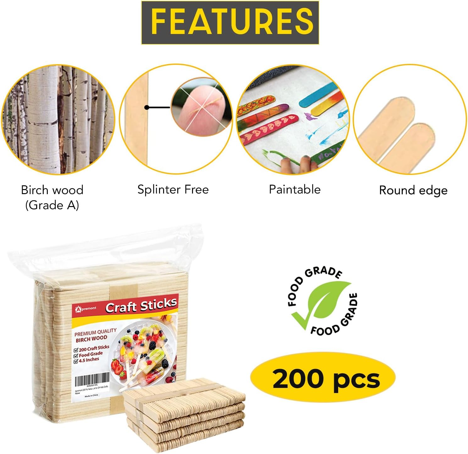 200 Pcs Wooden Craft Sticks, Popsicle Stick, Arts and Crafts, Best for DIY Games Making, Building Designs or Kids Education, 4.5 Inch Long (Wood Colour, 4.5 Inches) image number 1