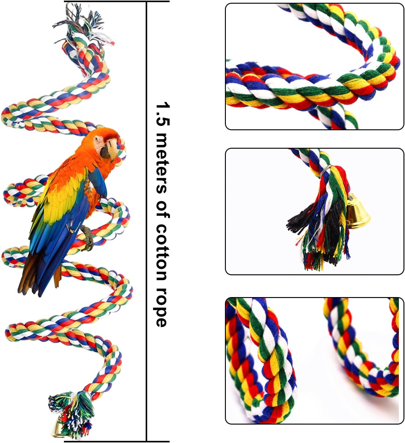 HOMURY Pack of 2 Bird Climbing Ropes: 150 Cm Parrot Colourful Spiral Cotton Rope, Diameter 18 Cm Parrot Toy Circle Ring Swing, Climbing Rope for Budgies, Cockatiels and All Birds image number 3
