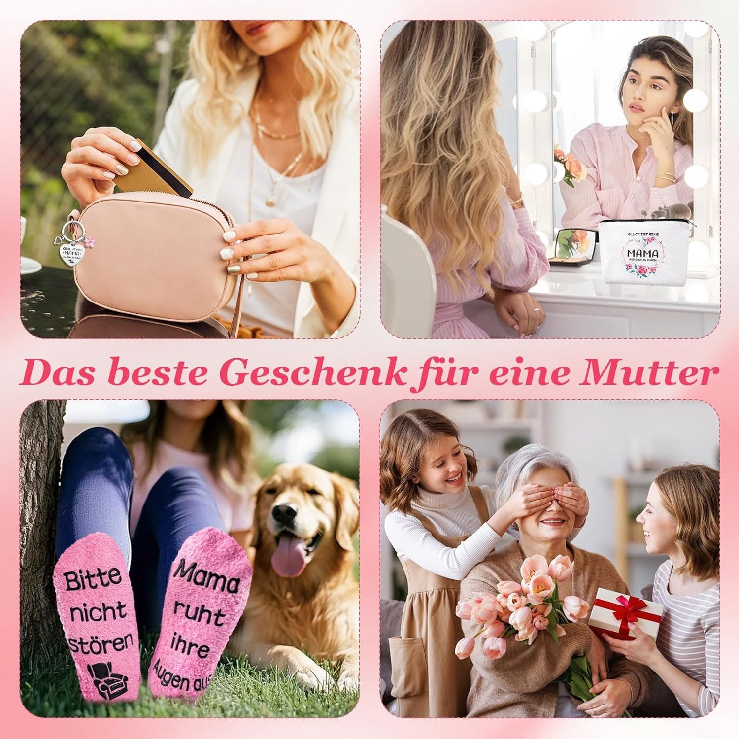 SREBIWO Gifts for Mum Socks Including Cosmetic Bag for Women Socks and Keyring, Mother Pink, One Size