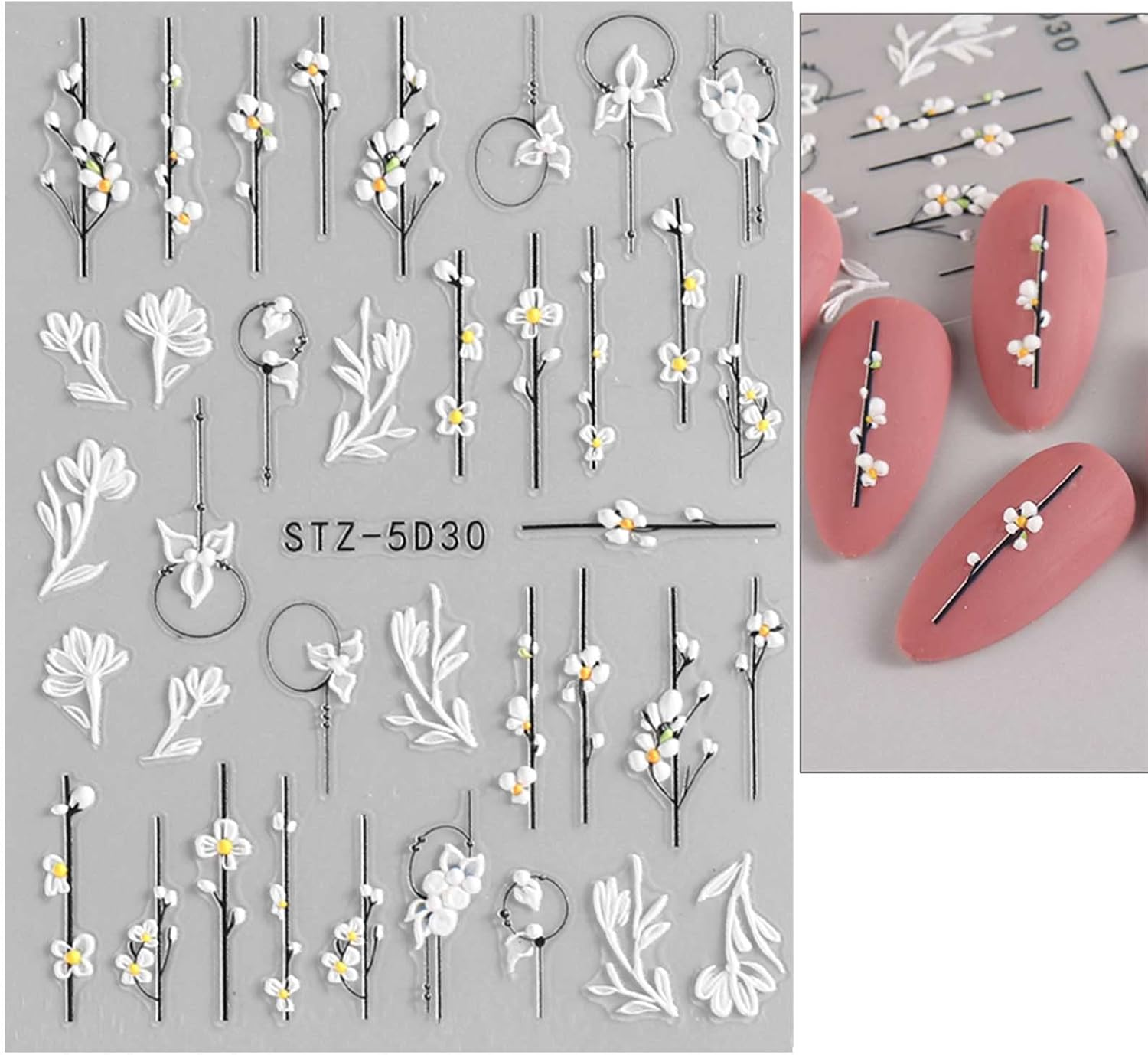 3D Embossed Flower Nail Art Stickers Decals Self-Adhesive Pegatinas U&ntilde;as 5D Floral Nail Supplies Nail Art Design Decoration Accessories 4 Sheets image number 1