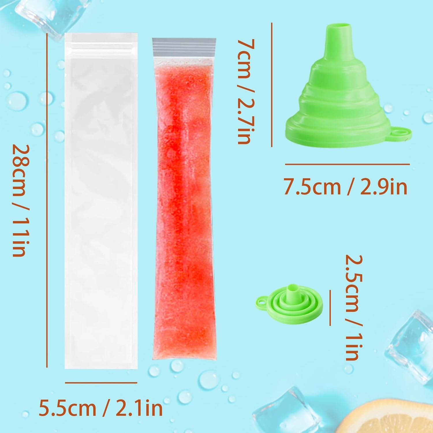 100PCS Ice Pop Bags Reusable, Reusable Ice Pop Pouches, Ice Pop Plastic Bags with Zip Seals and Funnel, Ice Pop Mold, Ice Candy Plastic Bag, Ice Lolly Bags for Snacks, Juice, Fruit, Milk image number 1