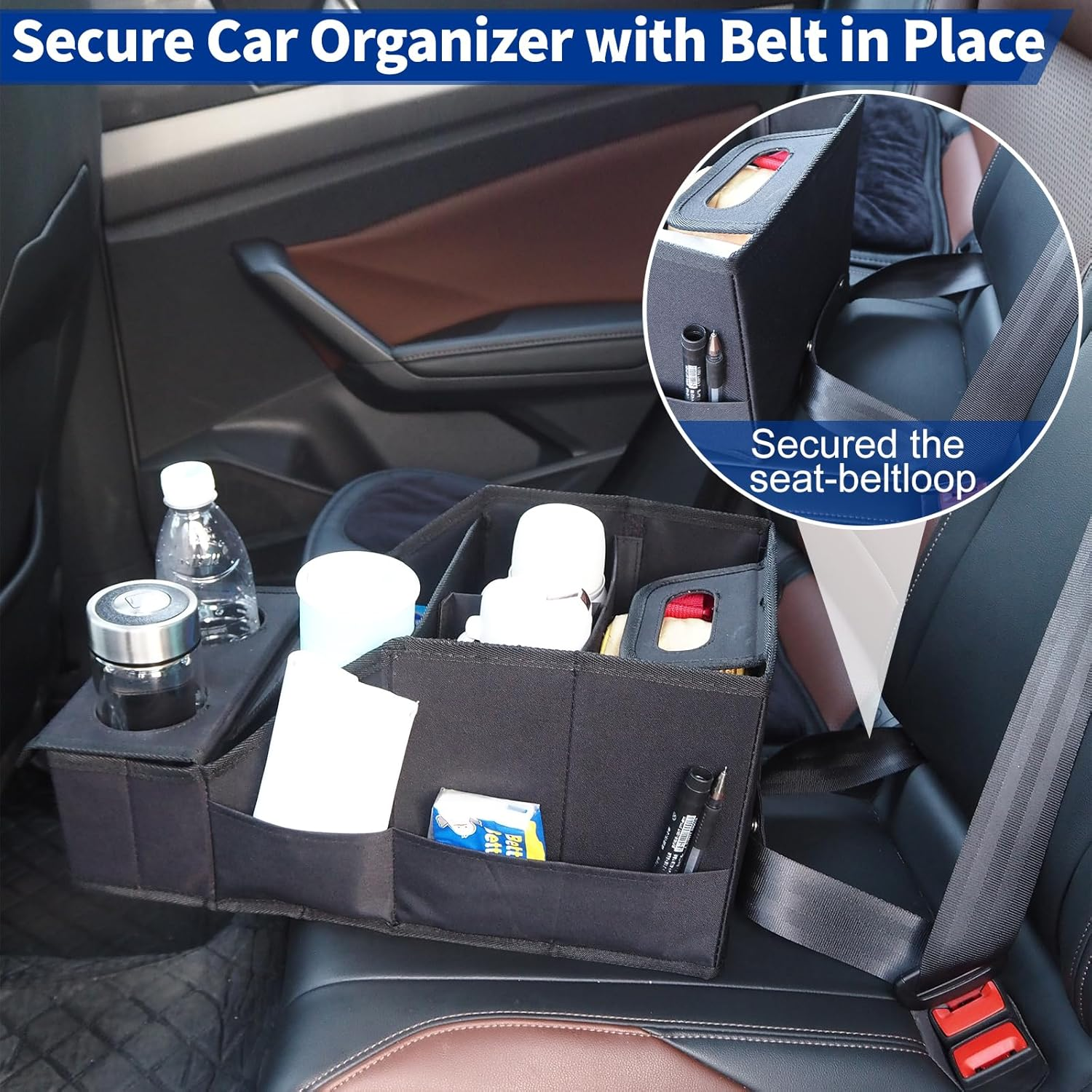 Car Seat Organizer, Large Capacity Car Backseat Organizer with Cup Holder, Collapsible Automotive Storage Box with 11 Compartments Organizers, Front/Rear Seat Organizers Travel Accessories (Black)