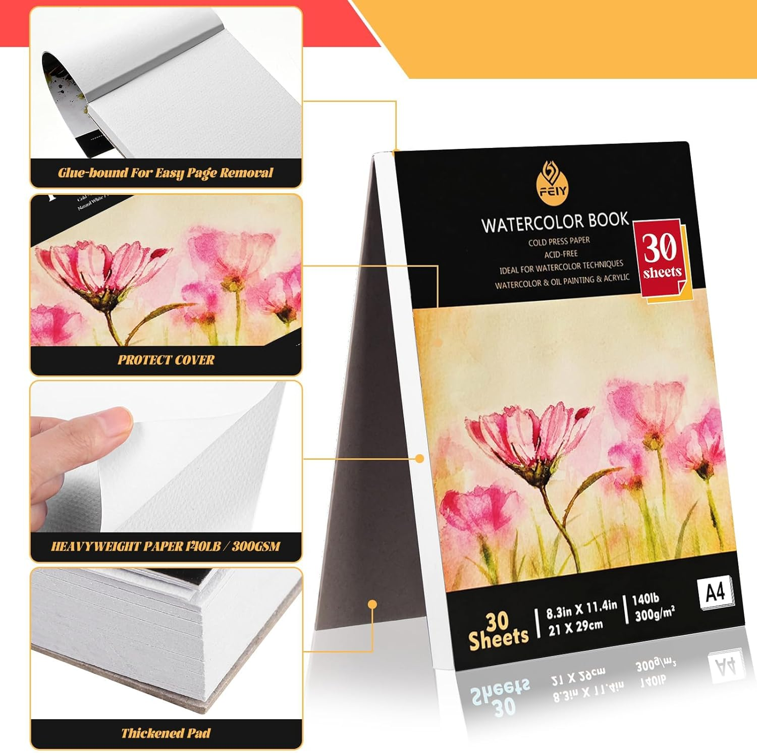 Watercolor Paper, 30 Sheets 300Gsm/140Lbs Drawing Paper Pad. A4 Watercolor Book Pad Acid Free, Cold Pressed, Watercolor Sketchbook for Painting, Drawing, Quick Drawing and Mixed Media. (颜色B) image number 4