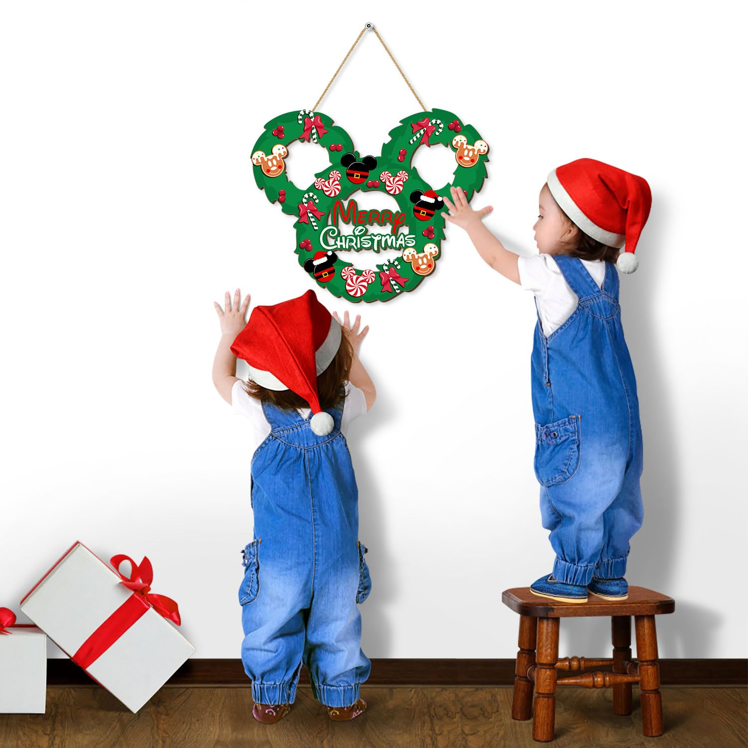 Christmas Mouse Door Sign Decorations, Merry Christmas Wooden Door Hanging Sign Wreath Ornaments for Front Door Decor Peppermint Candy Mouse Shaped Winter Wall Xmas Party Holiday Supplies Green image number 5