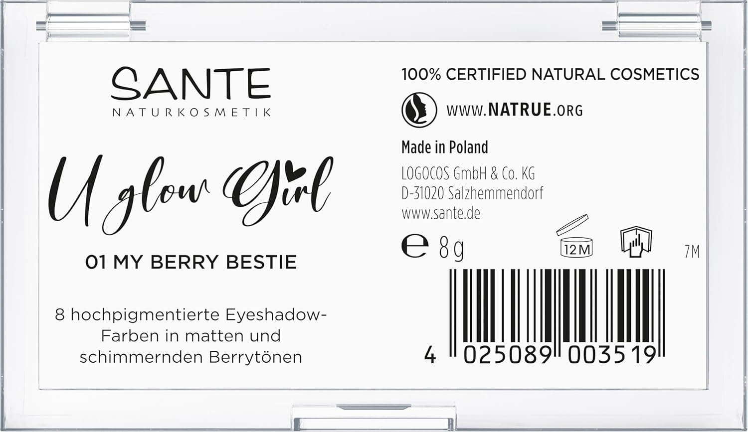 SANTE Naturkosmetik U Glow Girl Eyeshadow Palette 01 My Berry Bestie, 8 Highly Pigmented Eyeshadows in Berry Tones, Matte & Shimmering Colours, Vegan, NATRUE Certified, Limited Edition image number 1