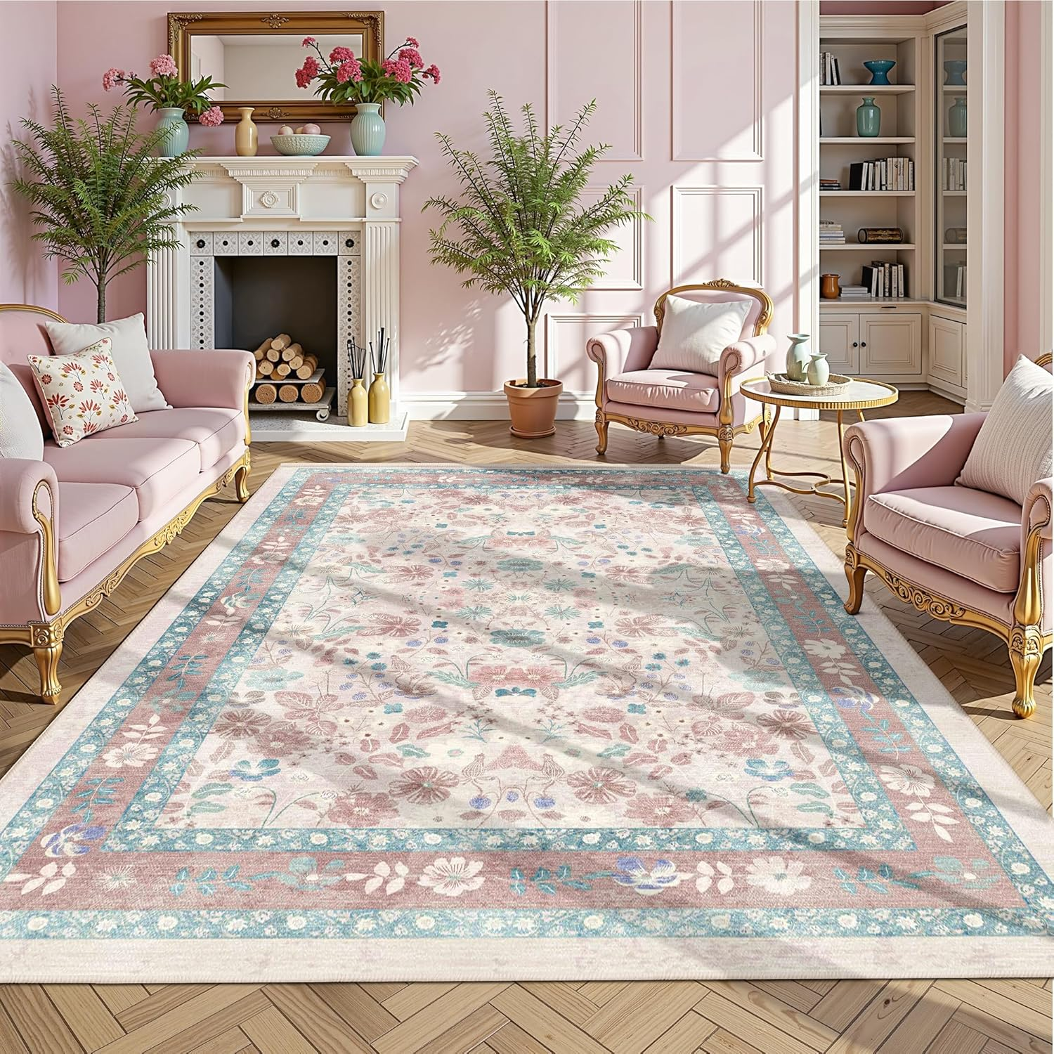 Deerly Green Rugs for Livingroom, Floral Boho Area Rug for Bedroom Child Nurseryroom Diningroom, Vintage Non-Slip Floor Rug Washable Bedunder Carpet Kitchen Office. (Beigegreen, 160X230Cm)