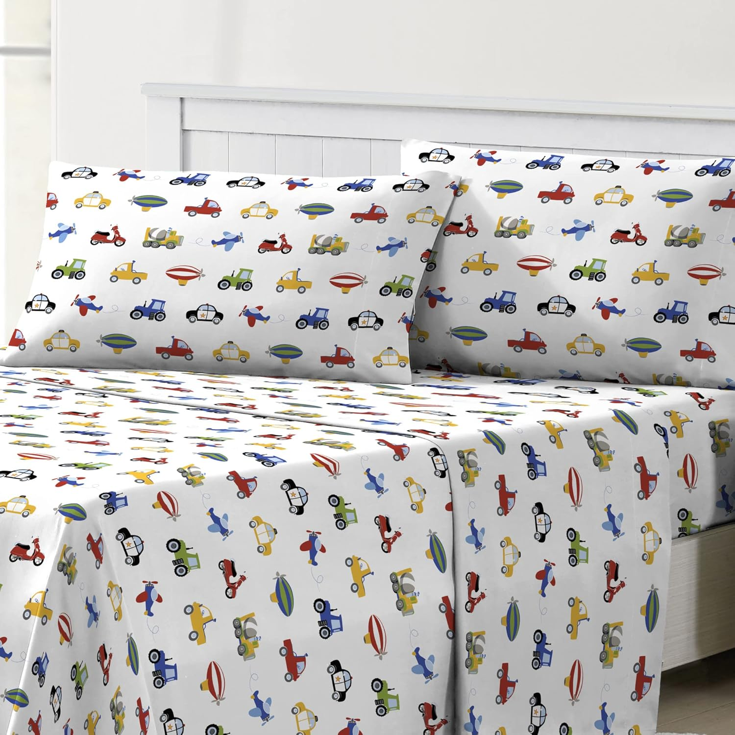Dream FACTORY Kids Sheet Set Lightweight Microfiber Bed Sheets Super Soft Easy Wash Cozy Bedding 10&rdquo; Pocket - Twin, Blue Trucks Tractors Cars