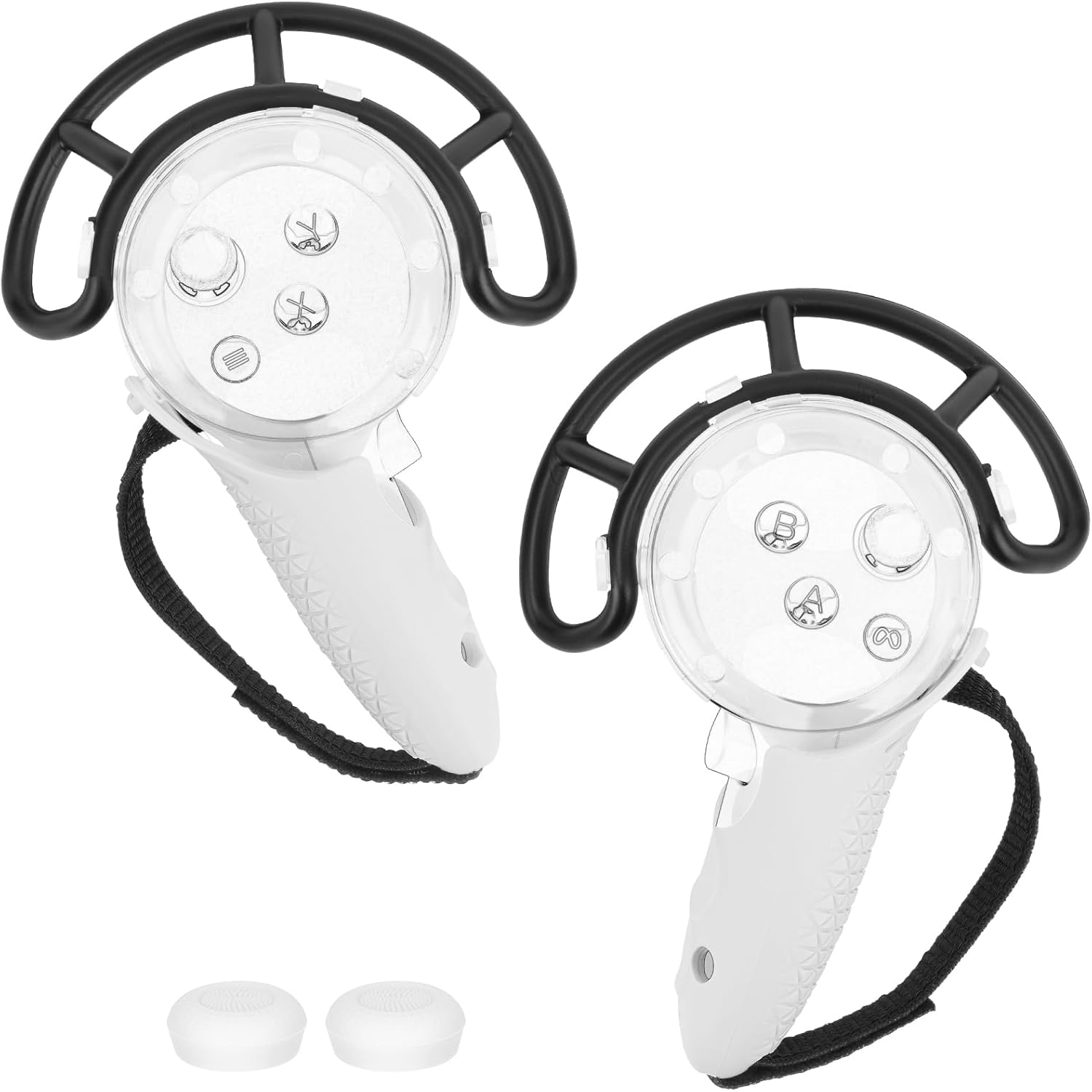Geekria Anti-Collision Protection Frame Cover Set Compatible with Meta Q3, VR Controller Grips Cover, PC Clear Cover with Knuckle Strap Rocker, Handle Bumper Guard Set (White, 1 Pair)