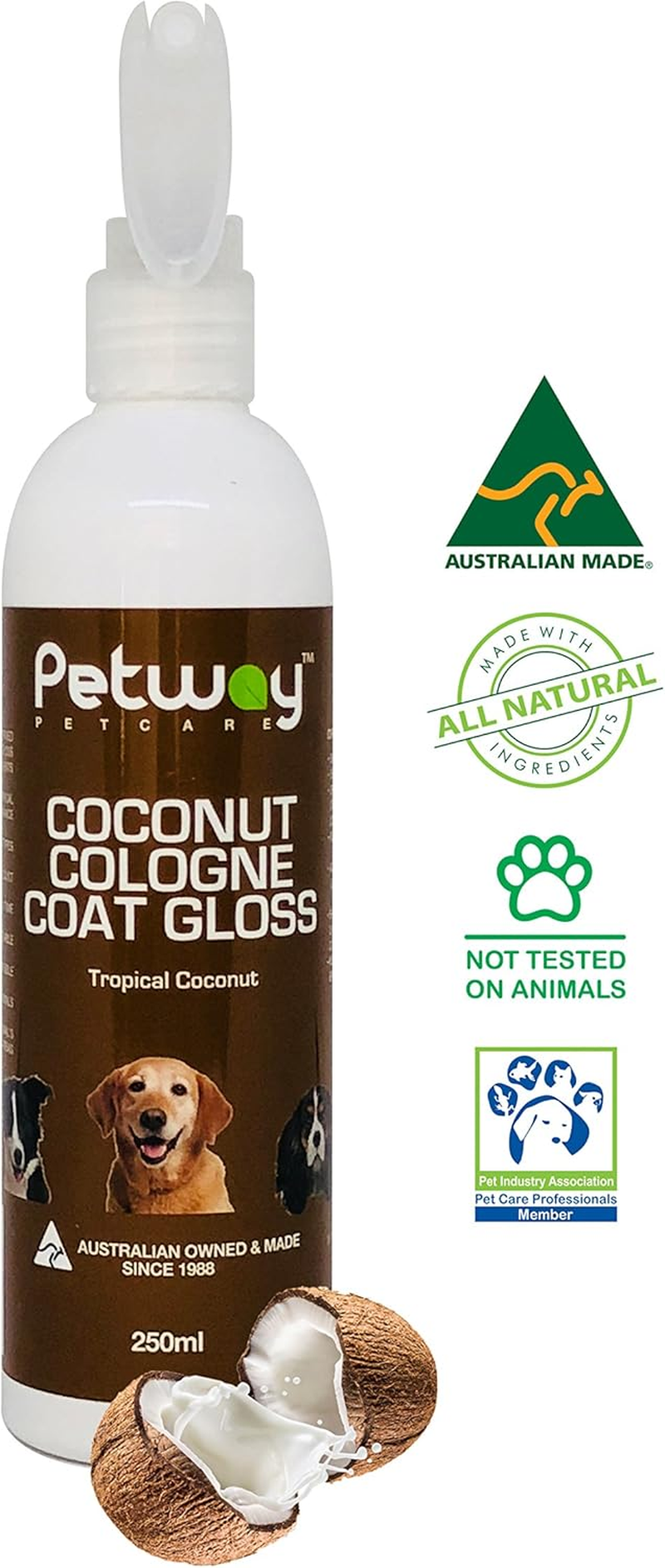 Petway Petcare Coconut Cologne Coat Gloss for Dogs and Puppies, Dog Cologne Spray with Coconut for Conditioning, Dog Gloss with Deodoriser, Pet Odor Eliminator and Dog Spray for Grooming, 250Ml