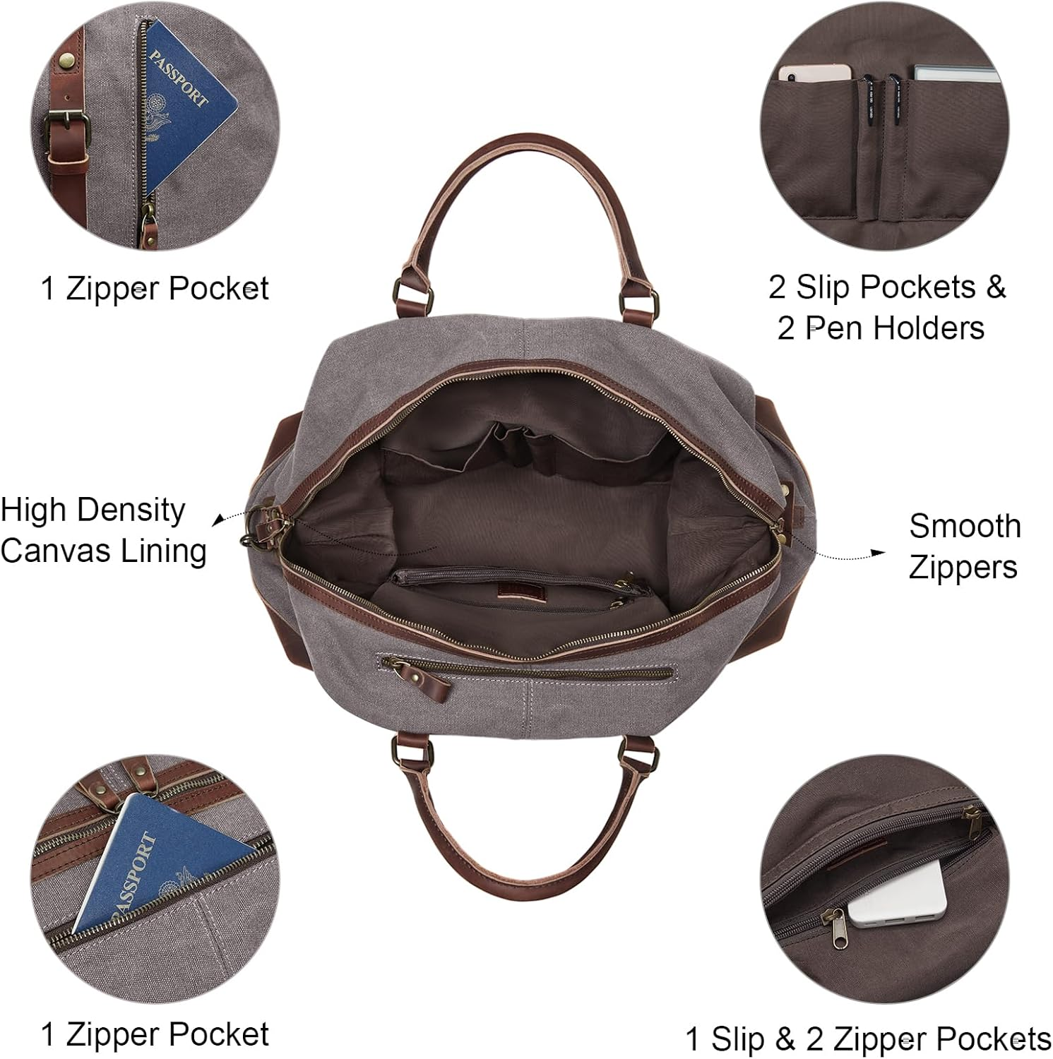 S-ZONE Duffle Bag for Travel 60L Canvas Duffel Bag Carry on Genuine Leather Overnight Weekender Bag for Men image number 4