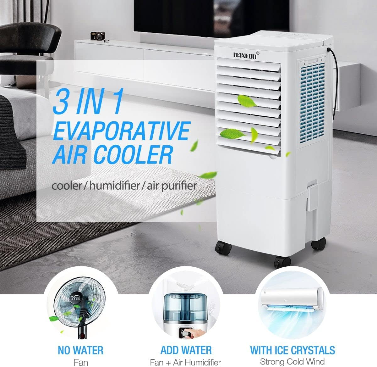 Maxkon Portable Air Cooler Evaporative Cooler Humidifier Purifier Cooling Fan, 20L Water Tank, with 2 Ice Crystal image number 5
