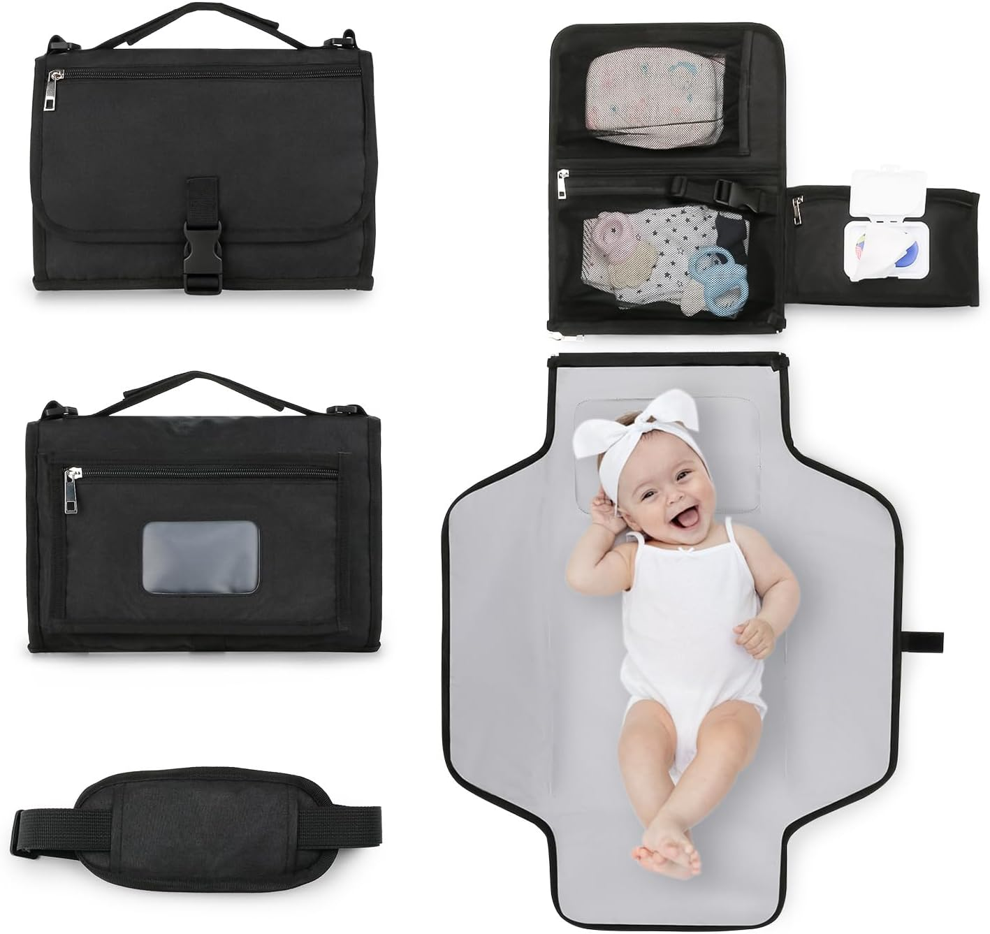 Bebamour Portable Nappy Changing Mats with Wipes Pocket Travel Baby Changing Pads with Head Cushion for Infants Waterproof Diaper Changing Pads Newborn Essentials, New Black image number 3