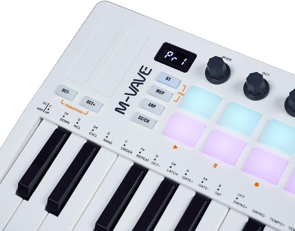 M-Vave SMK 25 MKII Wireless BT Midi Keyboard Controller with 16 Backlit Drum Pads, 8 Buttons, Arpeggio, USB, White image number 4