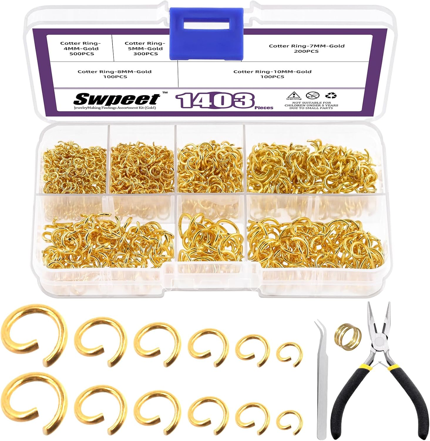 Swpeet 1403Pcs Mixed Size 4-10Mm Silver Open Jump Rings Kit with Tweezer, Jump Ring Pliers and Jump Ring Opener, round Ring Connectors for Jewelry Making Supplies and Necklace Repair