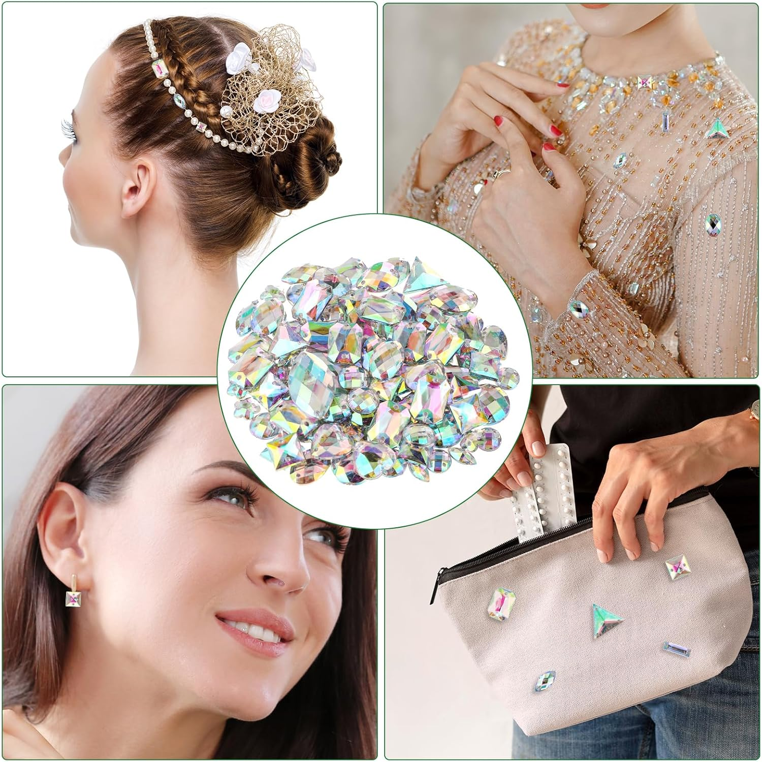 500 PCS AB Rhinestones Sew on Rhinestone Sewing Gems Acrylic Sewing Crystal Shapes Large Rhinestone with Sewing Holes Clear Rhinestones Crystal Gems for Jewelry Clothes Shoes Bag (Crystal AB) image number 1