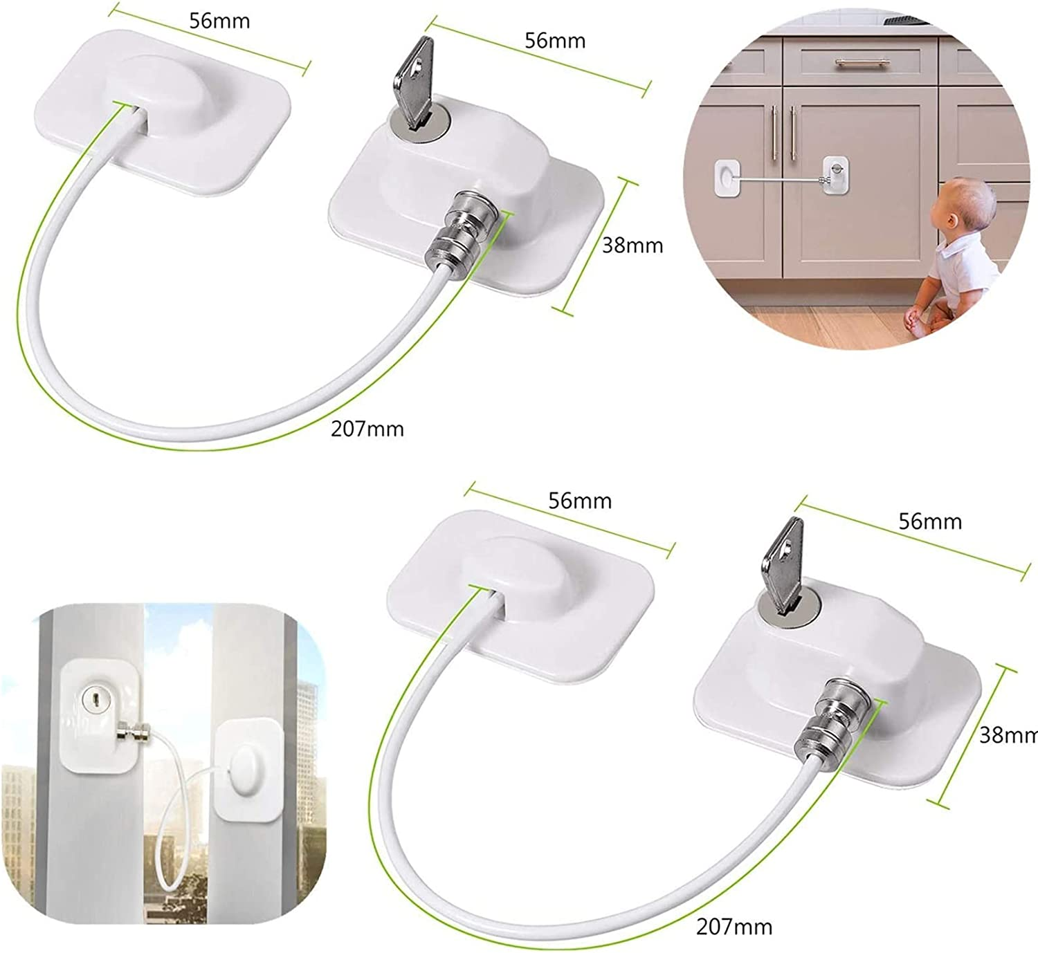 2Pcs Refrigerator Door Locks with 2 Keys Stainless Steel Zinc Alloy Strong Adhesive Lock Protect Baby Kids Safe for Windows Kitchen Cabinets Cupboard Refrigerator Drawer (White) image number 4